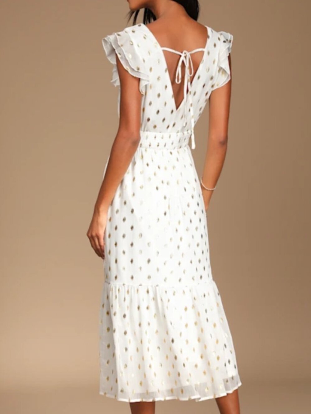 Lulus Cause To Celebrate White And Gold Dot Ruffled Tiered Midi Dress - Size XL - Picture 3 of 4